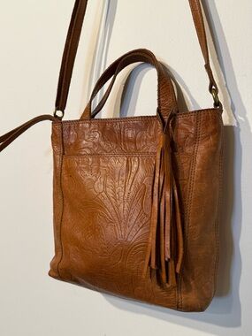 Margot Tooled Leather Convertible Crossbody Hand Bag Adjustable Strap 9.5"x11"